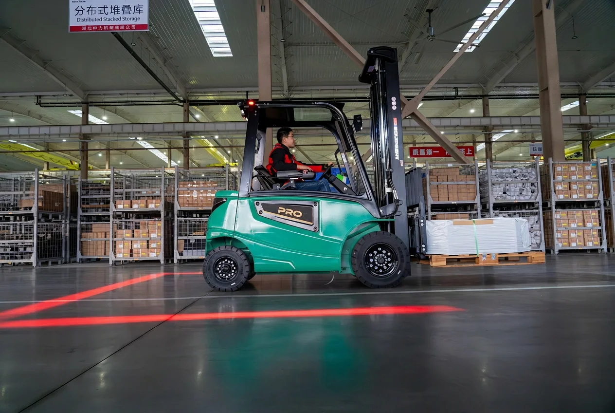 EP elektrisk gaffeltruck sett fra siden i drift